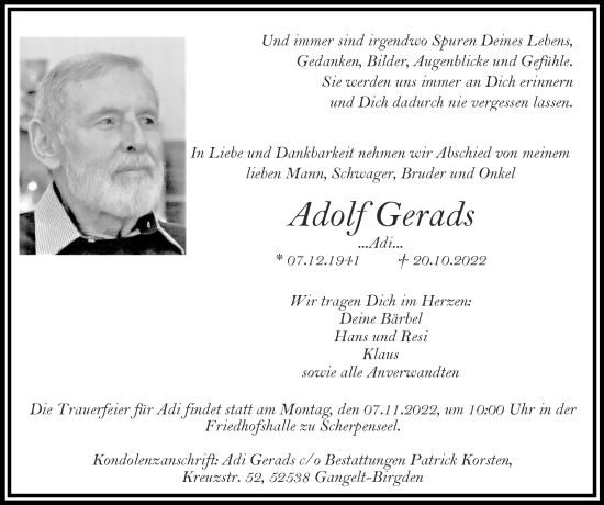 Traueranzeige von Adolf Gerads von Zeitung am Sonntag