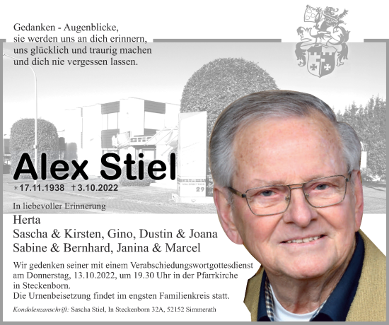 Traueranzeige von Alex Stiel von Zeitung am Sonntag