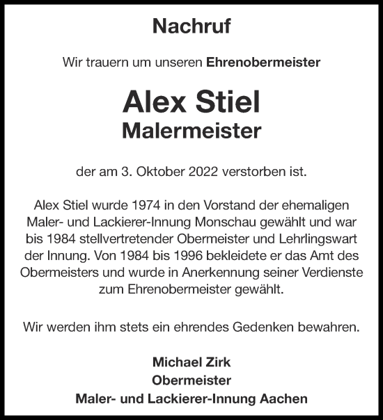 Traueranzeige von Alex Stiel von Aachener Zeitung / Aachener Nachrichten