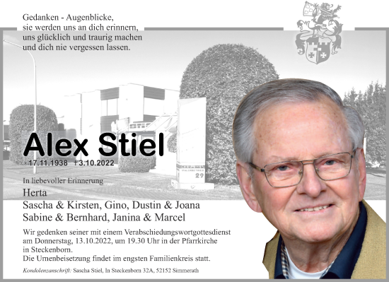 Traueranzeige von Alex Stiel von Aachener Zeitung / Aachener Nachrichten