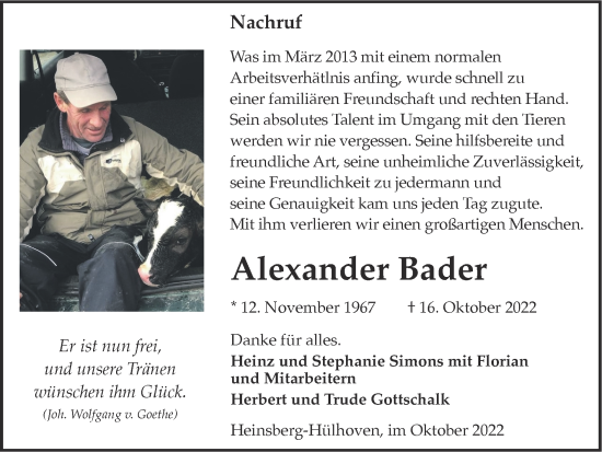 Traueranzeige von Alexander Bader von Zeitung am Sonntag