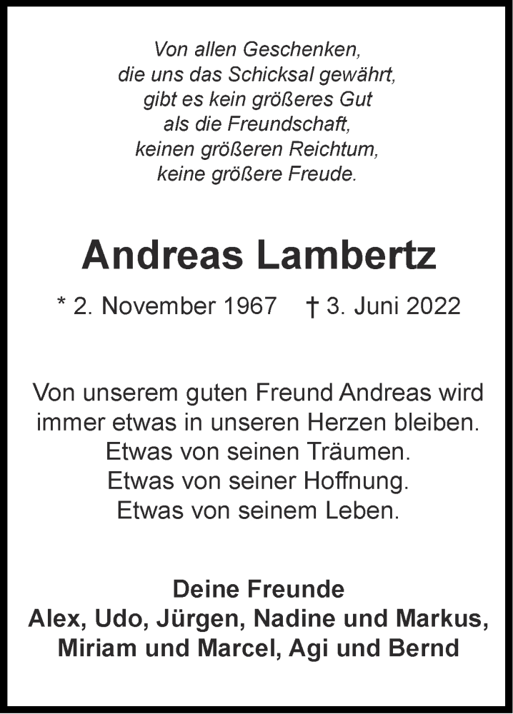  Traueranzeige für Andreas Lambertz vom 23.10.2022 aus Zeitung am Sonntag