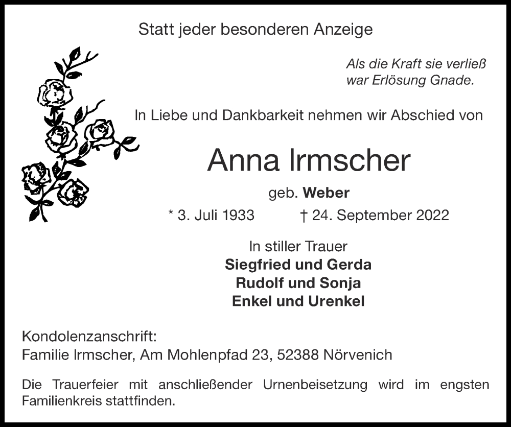  Traueranzeige für Anna Irmscher vom 02.10.2022 aus Zeitung am Sonntag