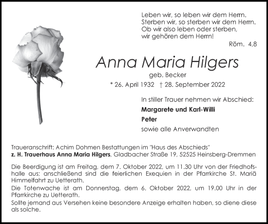 Traueranzeige von Anna Maria Hilgers von Zeitung am Sonntag