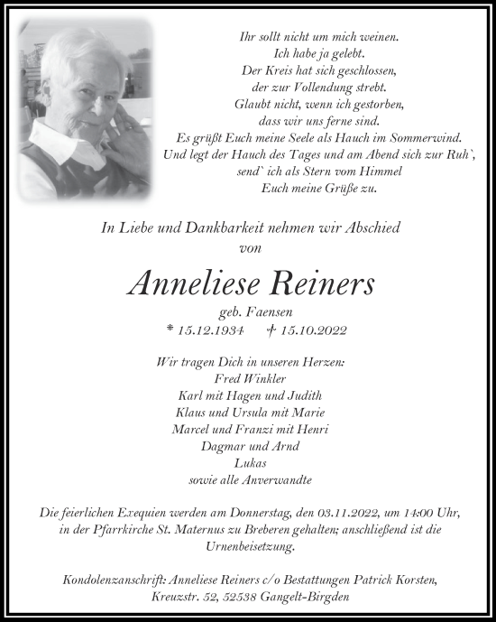 Traueranzeige von Anneliese Reiners von Zeitung am Sonntag