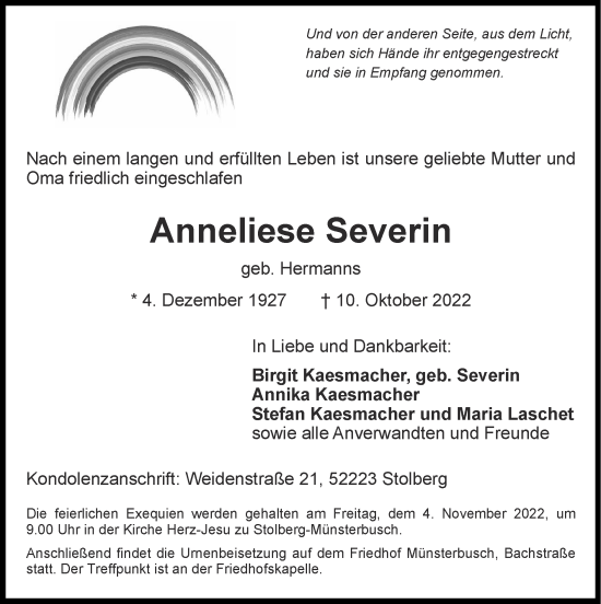 Traueranzeige von Anneliese Severin von Zeitung am Sonntag