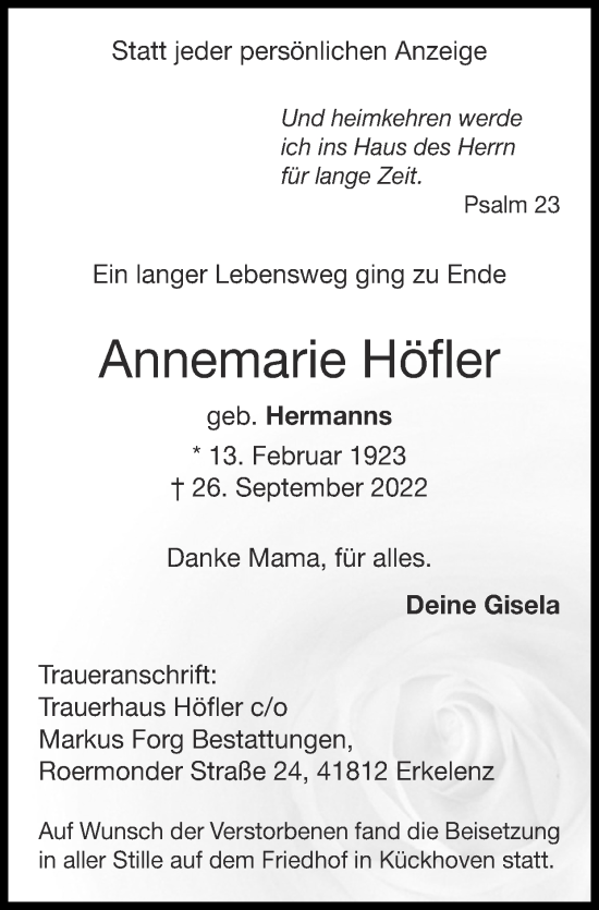 Traueranzeige von Annemarie Höfler von Zeitung am Sonntag