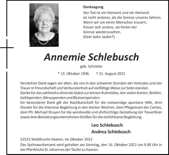 Traueranzeige von Annemie Schlebusch von Zeitung am Sonntag