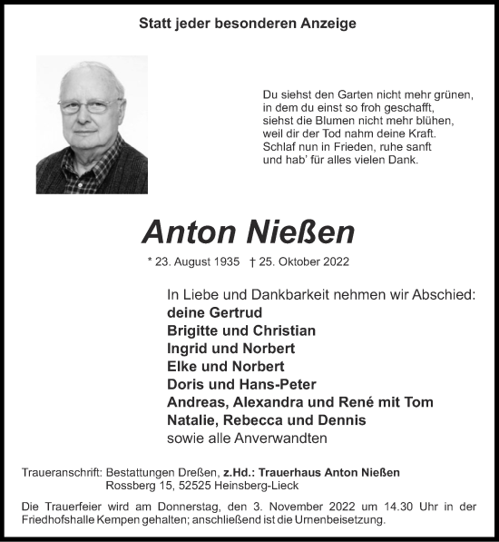 Traueranzeige von Anton Nießen von Zeitung am Sonntag