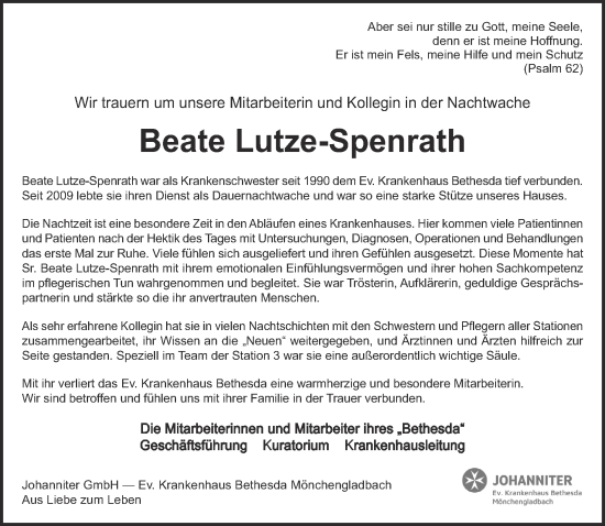 Traueranzeige von Beate Lutze-Spenrath von Zeitung am Sonntag