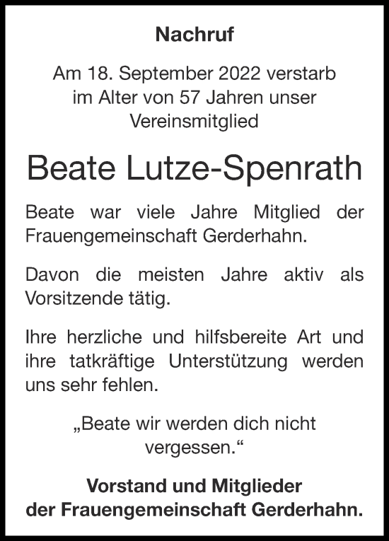 Traueranzeige von Beate Lutze-Spenrath von Zeitung am Sonntag