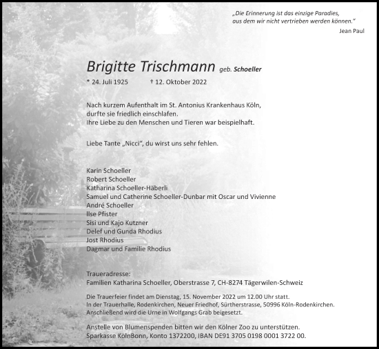 Traueranzeige von Brigitte Trischmann von Aachener Zeitung / Aachener Nachrichten