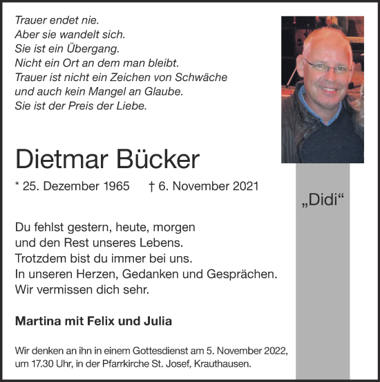 Traueranzeige von Dietmar Bücker von Zeitung am Sonntag