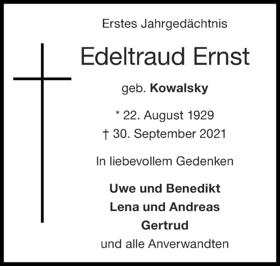 Traueranzeige von Edeltraud Ernst von Zeitung am Sonntag
