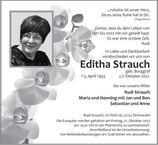 Traueranzeige von Editha Strauch von Zeitung am Sonntag
