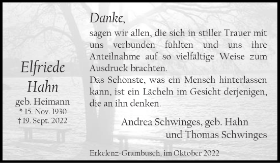 Traueranzeige von Elfriede Hahn von Zeitung am Sonntag