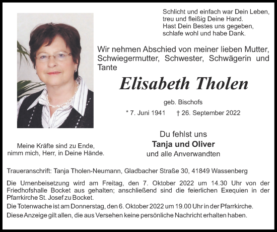 Traueranzeige von Elisabeth Tholen von Zeitung am Sonntag