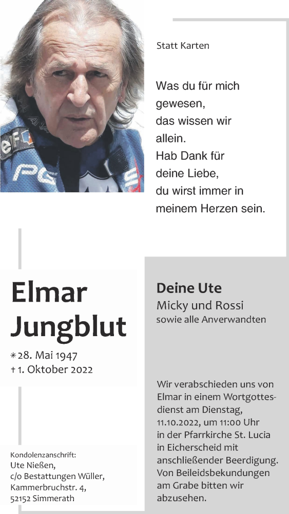  Traueranzeige für Elmar Jungblut vom 09.10.2022 aus Zeitung am Sonntag