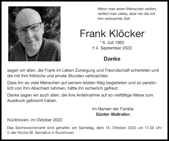 Traueranzeige von Frank Klöcker von Zeitung am Sonntag