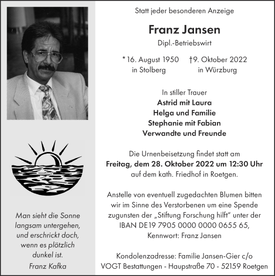 Traueranzeige von Franz Jansen von Zeitung am Sonntag