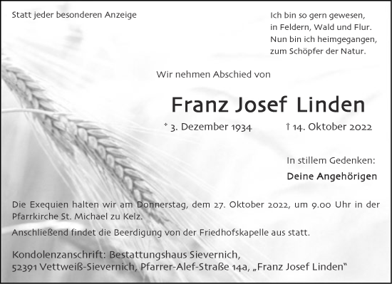 Traueranzeige von Franz Josef Linden von Aachener Zeitung / Aachener Nachrichten
