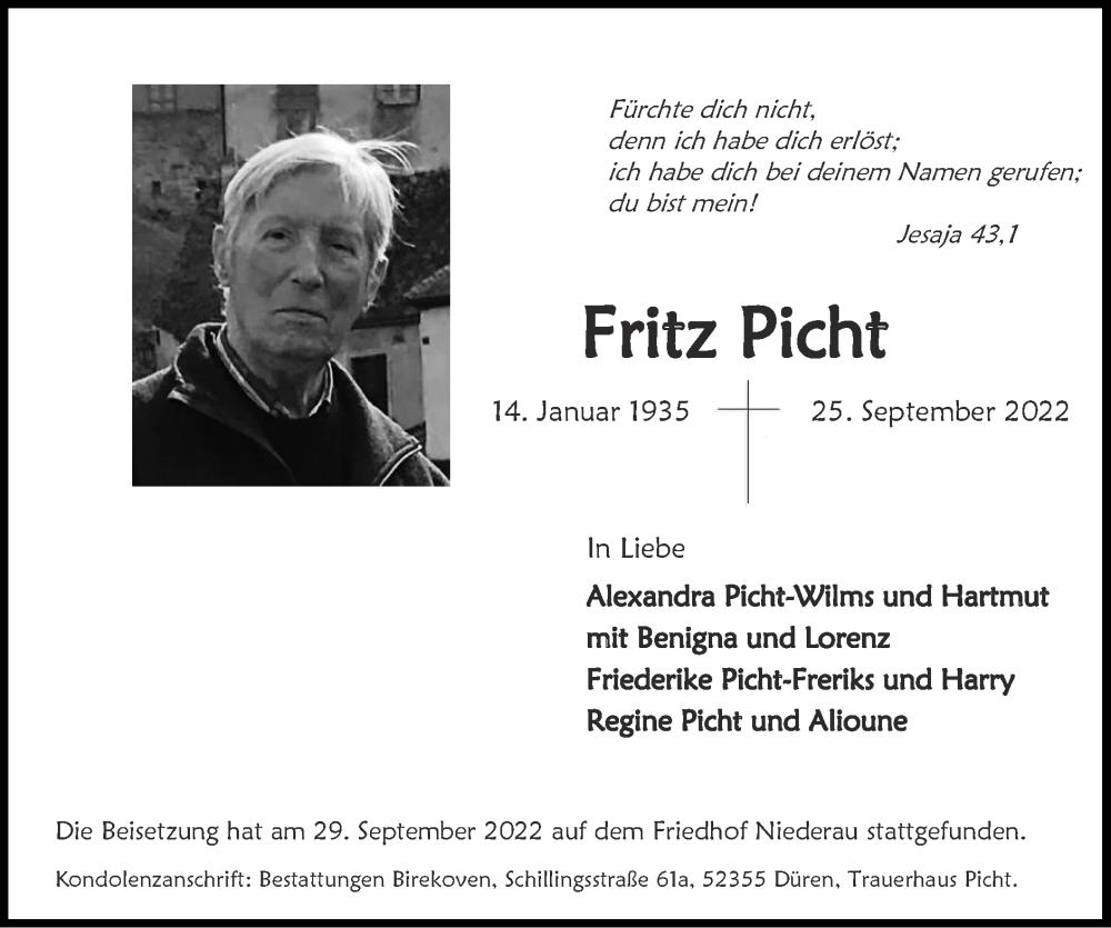  Traueranzeige für Fritz Picht vom 02.10.2022 aus Zeitung am Sonntag