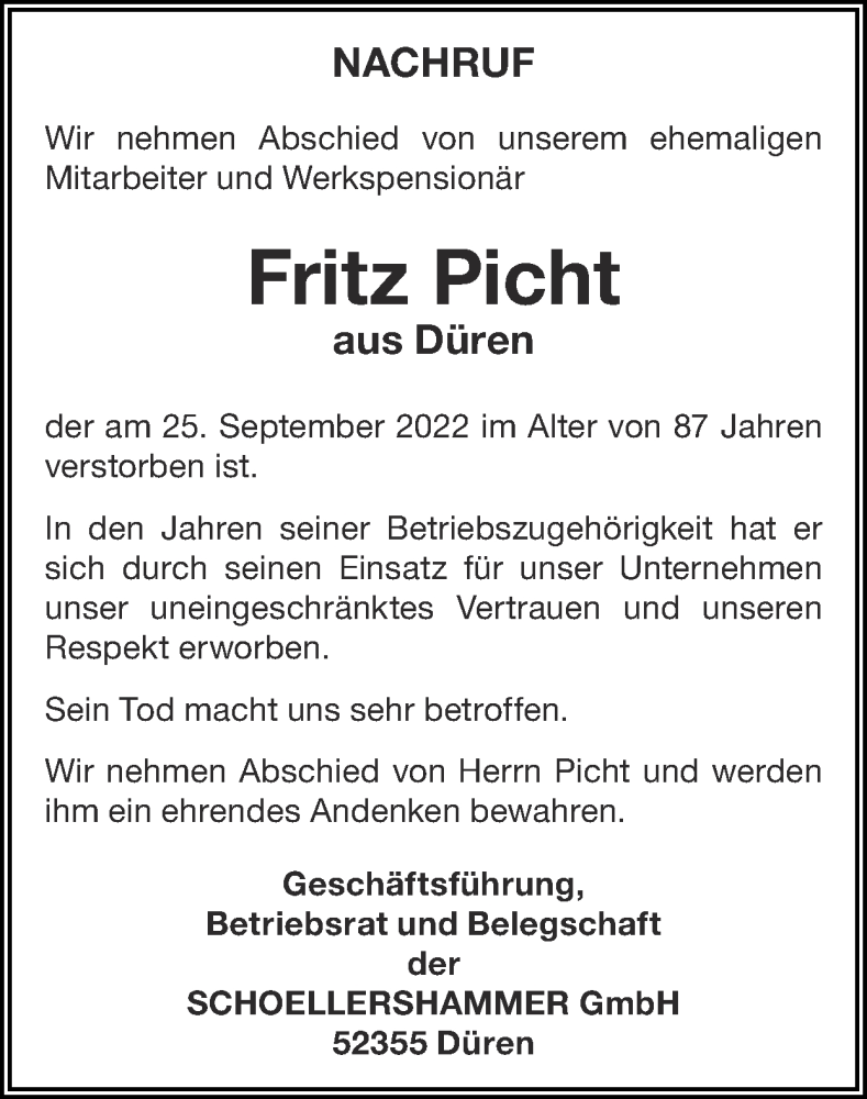  Traueranzeige für Fritz Picht vom 09.10.2022 aus Zeitung am Sonntag