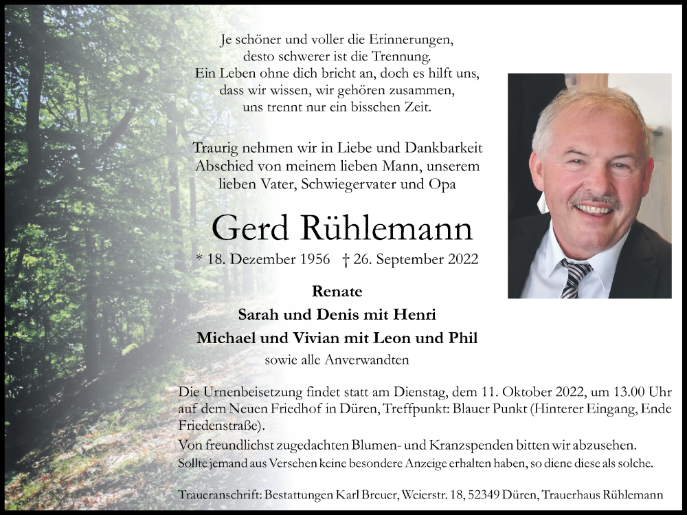  Traueranzeige für Gerd Rühlemann vom 02.10.2022 aus Zeitung am Sonntag