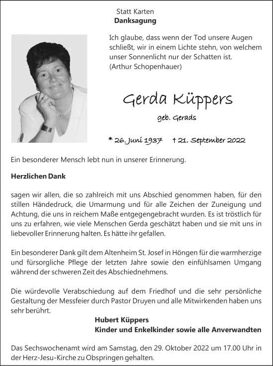 Traueranzeige von Gerda Küppers von Zeitung am Sonntag