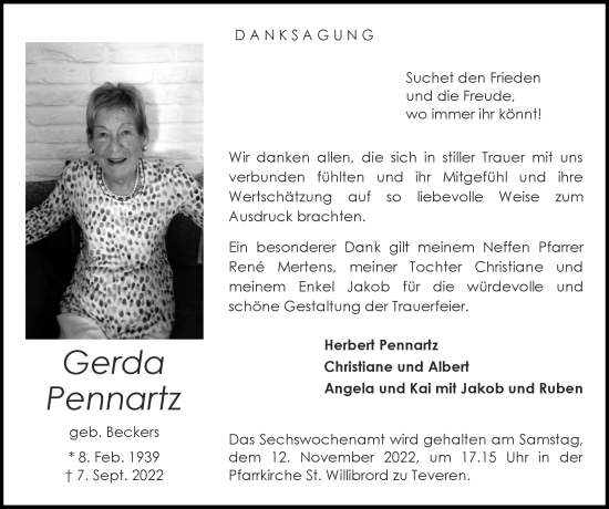 Traueranzeige von Gerda Pennartz von Zeitung am Sonntag