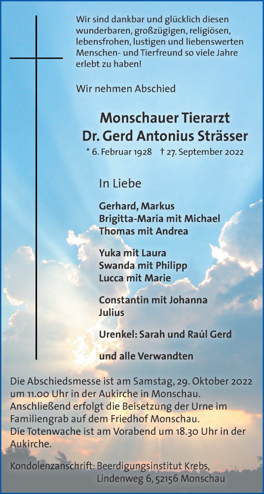 Traueranzeige von Gerd Antonius Strässer von Aachener Zeitung / Aachener Nachrichten