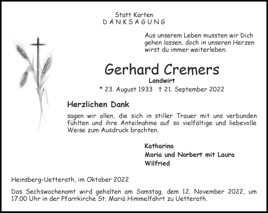 Traueranzeige von Gerhard Cremers von Zeitung am Sonntag