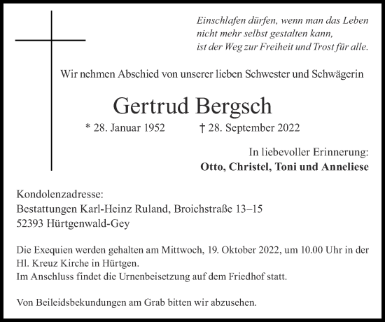 Traueranzeige von Gertrud Bergsch von Zeitung am Sonntag