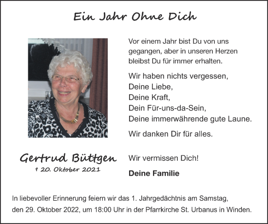 Traueranzeige von Gertrud Büttgen von Zeitung am Sonntag