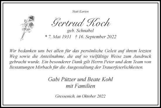 Traueranzeige von Gertrud Koch von Zeitung am Sonntag