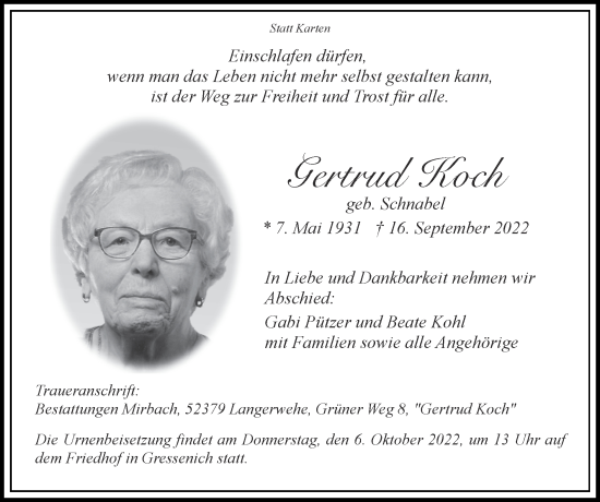 Traueranzeige von Gertrud Koch von Zeitung am Sonntag