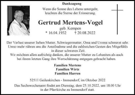Traueranzeige von Gertrud Mertens-Vogel von Zeitung am Sonntag