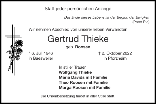 Traueranzeige von Gertrud Thieke von Zeitung am Sonntag