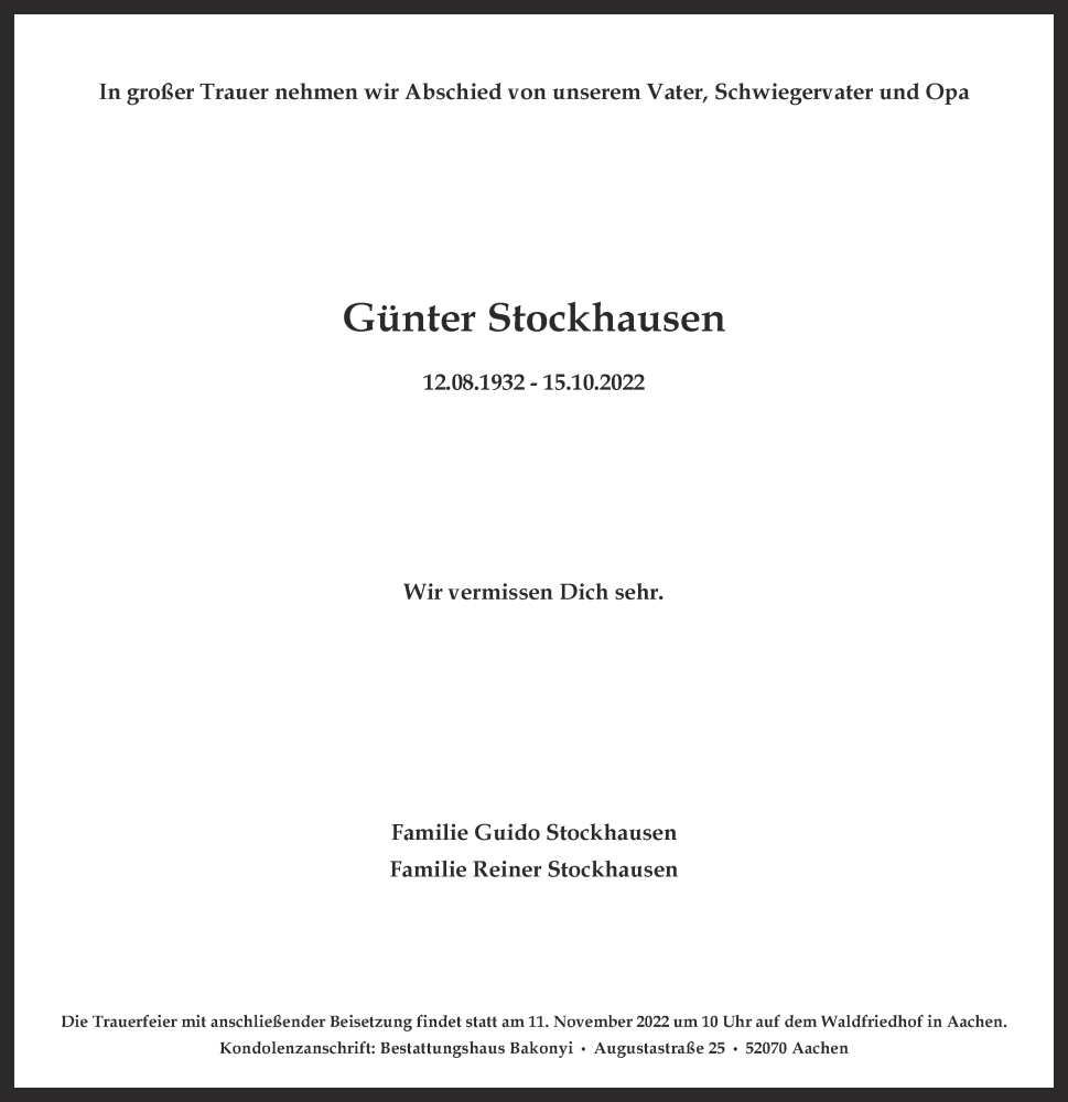  Traueranzeige für Günter Stockhausen vom 29.10.2022 aus Aachener Zeitung / Aachener Nachrichten