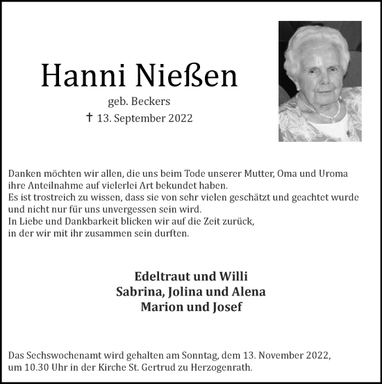 Traueranzeige von Hanni Nießen von Zeitung am Sonntag