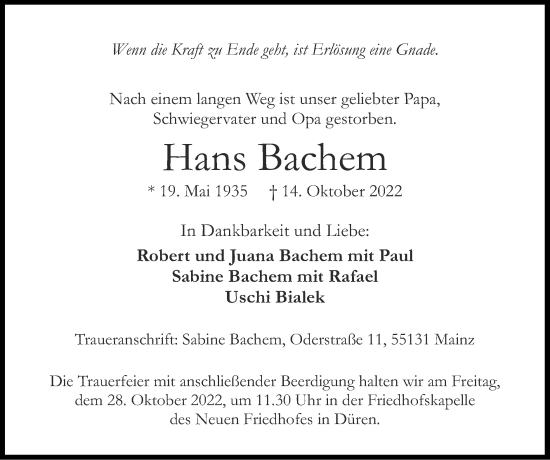 Traueranzeige von Hans Bachem von Zeitung am Sonntag