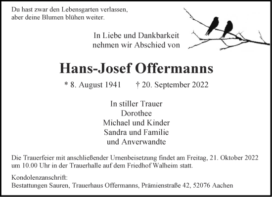 Traueranzeige von Hans-Josef Offermanns von Aachener Zeitung / Aachener Nachrichten