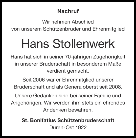 Traueranzeige von Hans Stollenwerk von Zeitung am Sonntag