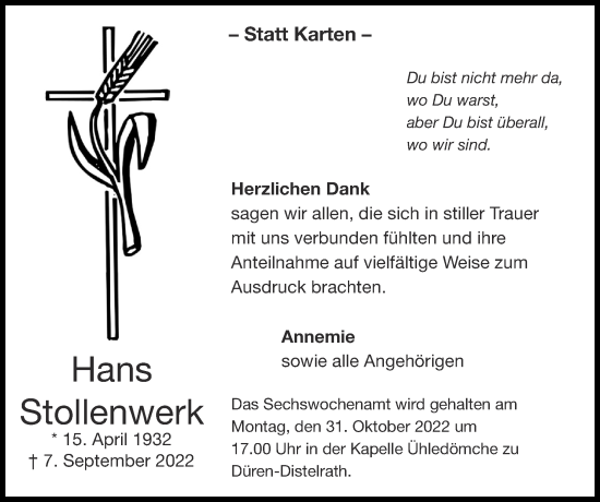Traueranzeige von Hans Stollenwerk von Zeitung am Sonntag