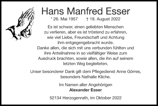 Traueranzeige von Hans Manfred Esser von Zeitung am Sonntag