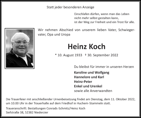 Traueranzeige von Heinz Koch von Zeitung am Sonntag