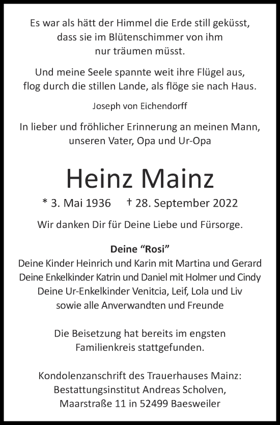 Traueranzeige von Heinz Mainz von Zeitung am Sonntag