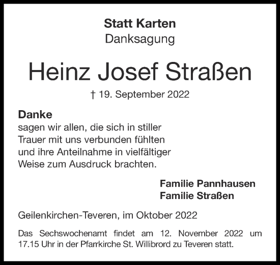 Traueranzeige von Heinz Josef Straßen von Zeitung am Sonntag