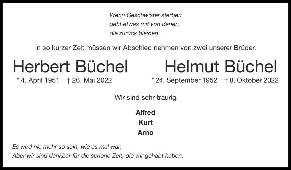 Traueranzeige für Helmut Büchel vom 23.10.2022 aus Zeitung am Sonntag