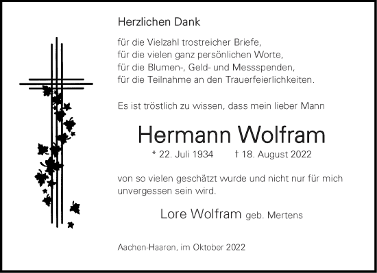 Traueranzeige von Hermann Wolfram von Aachener Zeitung / Aachener Nachrichten